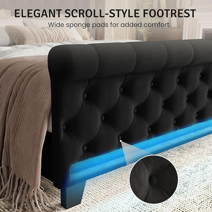 Belffin King Size Bed Frame with Headboard,50" Tall Headboard Upholstered Velvet Platform Bed with LED Lights & 2 USB Port/1 Type C Port, Button Tufted, No Box Spring Needed,Noise Free,Black