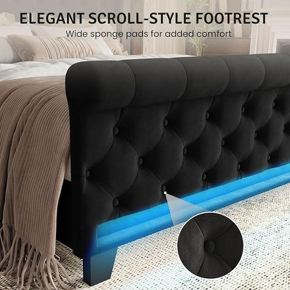 Belffin King Size Bed Frame with Headboard,50" Tall Headboard Upholstered Velvet Platform Bed with LED Lights & 2 USB Port/1 Type C Port, Button Tufted, No Box Spring Needed,Noise Free,Black
