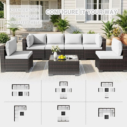 LAFWELL 7 Pieces Outdoor Patio Furniture Sets,Rattan Conversation Sectional Set,Manual Weaving Wicker Patio Sofa with Tea Table