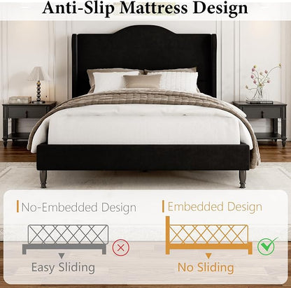 Full Size Bed Frame with Wingback Headboard, Upholstered Velvet Platform Bed Frame, Heavy Duty Wooden Slats Support, Noise-Free, No Box Spring Needed, Minimalist Style, Black
