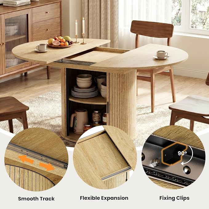 47''-63'' Extendable Round Dining Table for 4-6, Round Dining Room Table with Hidden Storage, Modern Wooden Kitchen Table with Fluted Sliding Door Cabinet for Dining Room Kitchen, Nature