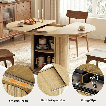 47''-63'' Extendable Round Dining Table for 4-6, Round Dining Room Table with Hidden Storage, Modern Wooden Kitchen Table with Fluted Sliding Door Cabinet for Dining Room Kitchen, Nature