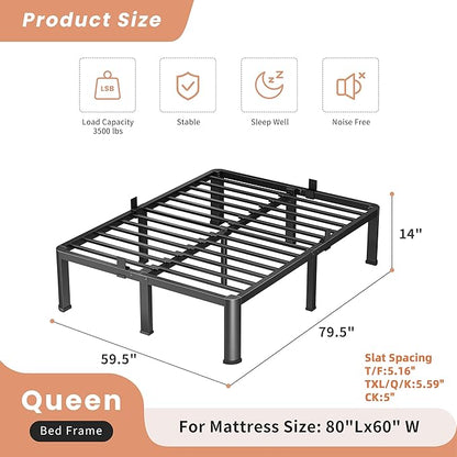 VIPSHOW 14 Inch Queen Heavy Duty 3500 lbs Bed Frame with Round-Corner Legs & Anti-Squeak Design – Quick Assembly Metal Platform, No Box Spring Needed
