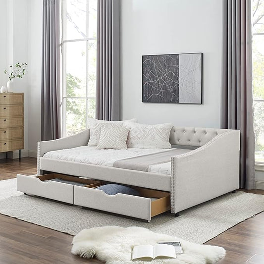 KEIKI Full Size Upholstery Daybed with 2 Drawers and Headboard, Mid-Century Style Tufted Sofa Bed with Button on Back, Easy Assembly, No Box Spring Required, for Living Room and Bedroom, Beige