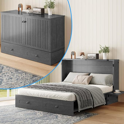 PUREMIND Queen Murphy Bed with Mattress Included, Folding Convertible Bed, Hideaway Cabinet Bed with Storage Drawer & USB Charging Station, Space Saving Wallbed for Small Spaces, Gray