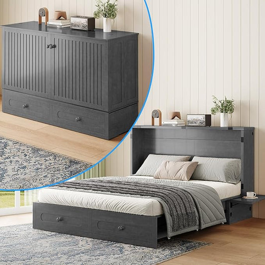 PUREMIND Murphy Bed Queen - Solid Wood - Hideaway Cabinet Bed with Storage Drawers, USB Charging Ports - Space Saving Wallbed for Home, Guest Room, No Mattress Included, Gray
