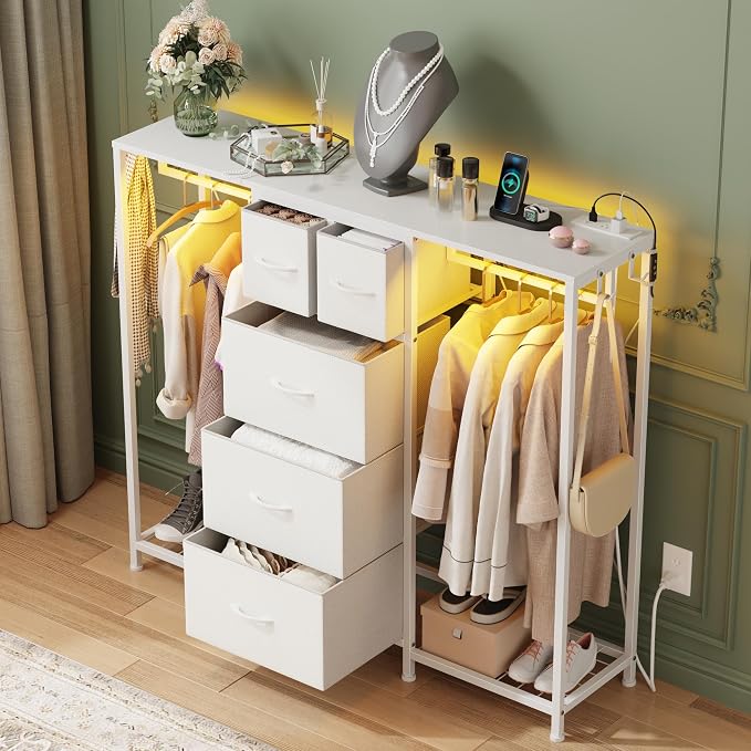 HIGDBFE 5-Drawer Dresser with 2 Hanging Racks, White, 49.2" W | LED Lights&Charging Station, Hooks, Wooden Top, Fabric Drawer, Dresser TV Stand for Bedroom, Dorm