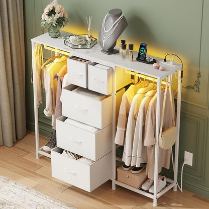 HIGDBFE 5-Drawer Dresser with 2 Hanging Racks, White, 49.2" W | LED Lights&Charging Station, Hooks, Wooden Top, Fabric Drawer, Dresser TV Stand for Bedroom, Dorm