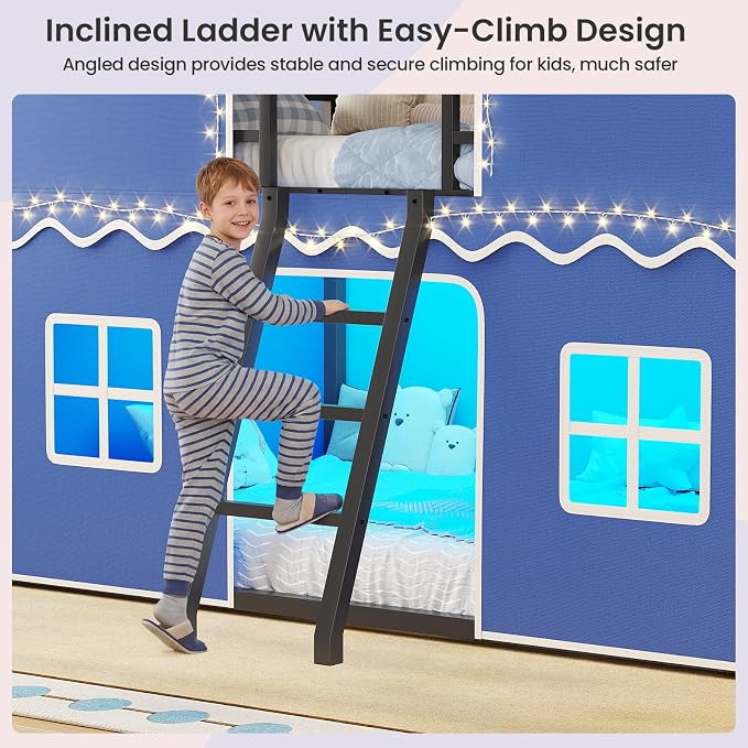 BTHFST Bunk Bed Twin Over Twin with Play Curtain, House Bunk Bed with LED Lights, Metal Boys Bunk Bed with Inclined Ladder and Guardrail, Space Saving, No Box Spring Needed, Royal Blue