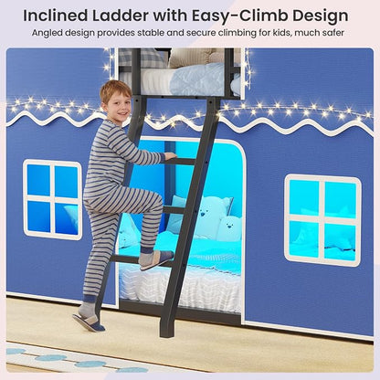 BTHFST Bunk Bed Twin Over Twin with Play Curtain, House Bunk Bed with LED Lights, Metal Boys Bunk Bed with Inclined Ladder and Guardrail, Space Saving, No Box Spring Needed, Royal Blue