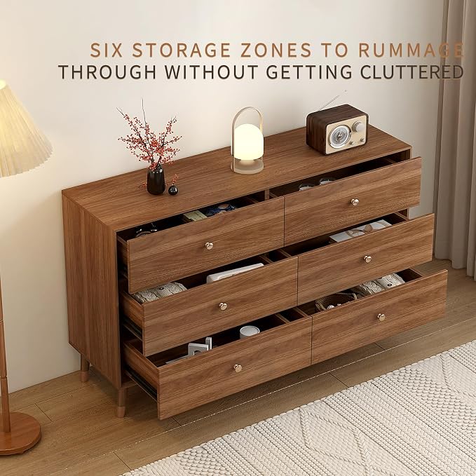 Messenya 6 Drawer Dresser for Bedroom, 47 Inch Walnut Dresser for Closet, Mid Century Wood Chest of Drawers with Natural Texture & Pre-Embedded Slots for TV Stand, Living Room, Hallway, Office