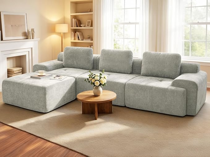 122" L Shaped Oversized Boneless Couch, Comfort Cloud Sectional Couches for Living Room, Modular Sofa High Back & Extra Deep Seat, No Assembly, Soft Chenille(Light Grey, 122 inch-L shaped（3+1）)