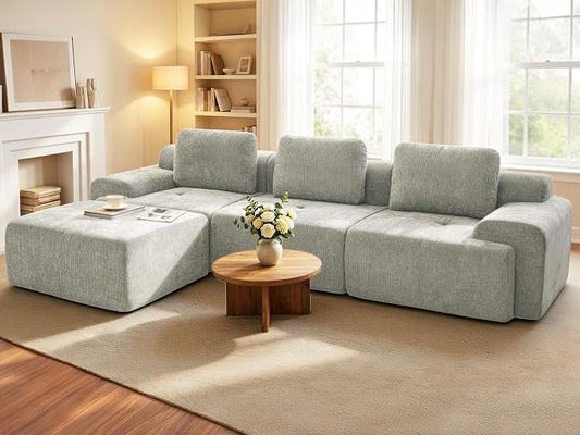 122" L Shaped Oversized Boneless Couch, Comfort Cloud Sectional Couches for Living Room, Modular Sofa High Back & Extra Deep Seat, No Assembly, Soft Chenille(Light Grey, 122 inch-L shaped（3+1）)