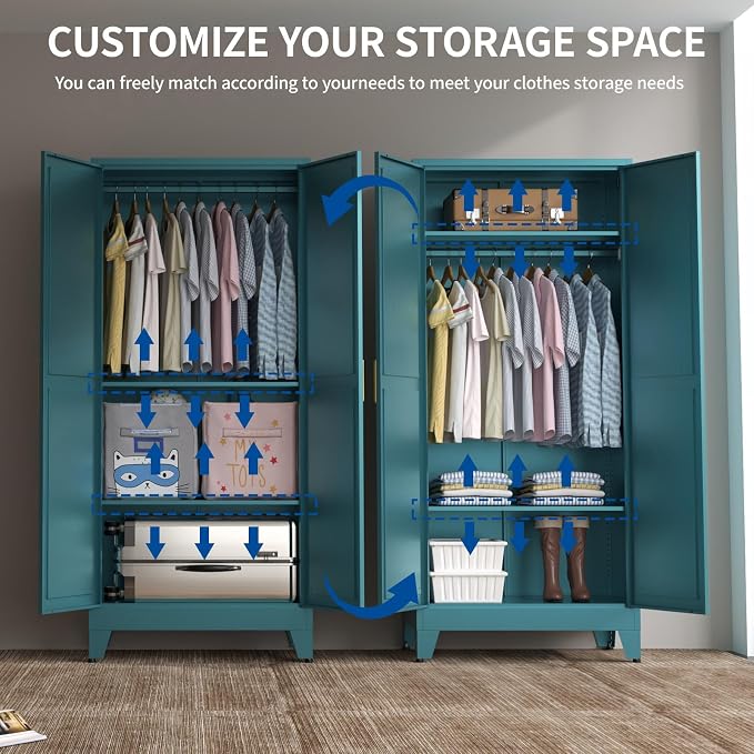Steel Armoire Wardrobe Closet, 71" Metal Clothing Storage Cabinets with 2 Doors & 2 Adjustable Shelves, Blue Wardrobe Cabinet with Hanging Rod for Bedroom, Gym