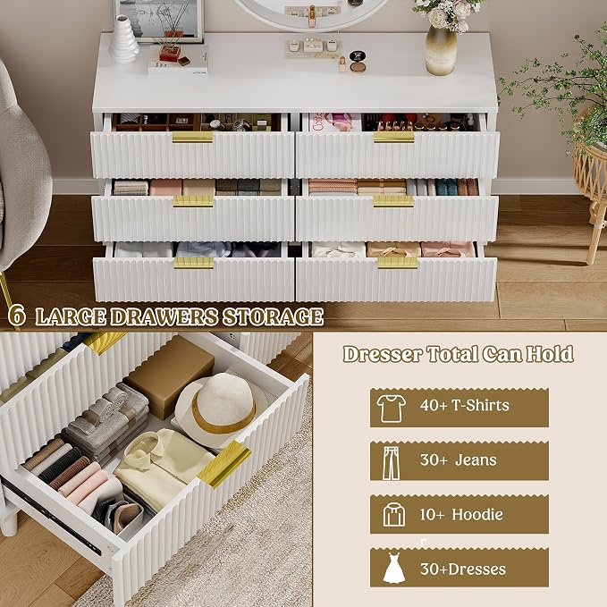 Lulive Modern Dresser and Nightstand Sets 3-Piece, 6-Drawer Dresser + 2 White Night Stands with Charging Station Bedroom Sets Solid Wood Legs (White)