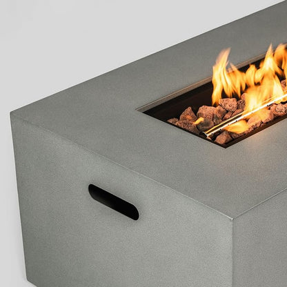 42" Propane Gas Fire Pit Table, 50000 BTU Rectangular Outdoor Fire Pit with Glass Wind Guard, Steel Patio Fire Table with Lid, Lava Rocks & Rain Cover for Backyard Deck Garden, Gray