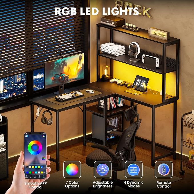 DUMOS L Shaped Desk Gaming Desk with LED & Power Outlet 53 in Reversible Corner Computer Table with Adjustable Shelf & CPU Stand, Home Office Writing Table, Black