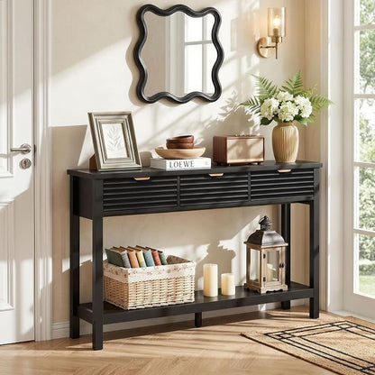 LEYAOYAO Fluted 47.2" Console Table with 3 Drawers, Modern Wood 2 Tier Entryway Table with Open Storage Shelf, Boho Sofa Entry Tables Behind Couch for Living Room, Hallway, Entrance Foyer, Black Oak