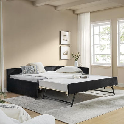 KEIKI Full Size L-Shpaed Upholstery Daybed with Erectable Trundle, Full to King Design Mid-Century Extendable Velvet Sofa Bed, Easy Assembly, No Box Spring Required, for Living Room and Bedroom, Black
