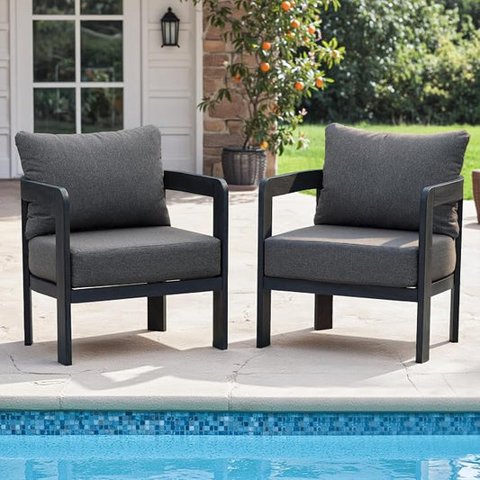 Outdoor Furniture Set, 2Pcs Patio Armchairs, Metal Modern Outside Furniture with 6'' Thick Cushions, Outdoor Conversation Set Balcony Chairs for Backyard, Porch,Deck, Black&Grey