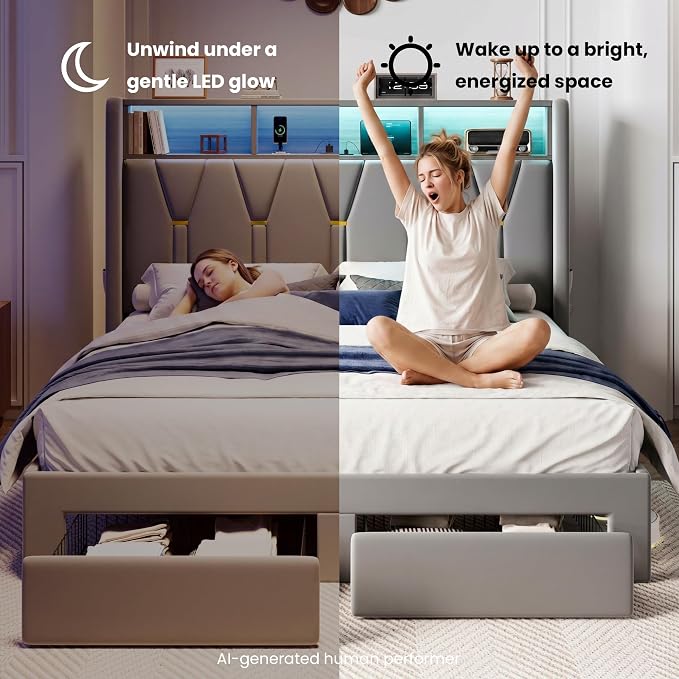 SHA CERLIN Full Velvet Platform Bed Frame with 2 Storage Drawers, LED Storage Headboard with Charging Station, Upholstered Wingback Headboard, Noise-Free, No Box Spring Needed, Easy Assembly, Grey