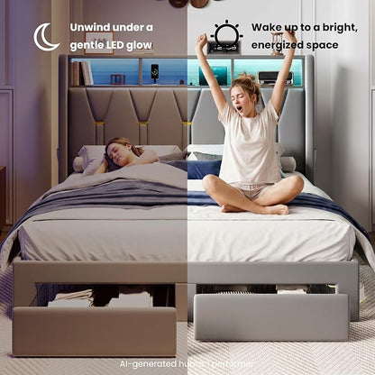 SHA CERLIN Queen Velvet Platform Bed Frame with 2 Storage Drawers, LED Storage Headboard with Charging Station, Upholstered Wingback Headboard, Noise-Free, No Box Spring Needed, Easy Assembly, Grey