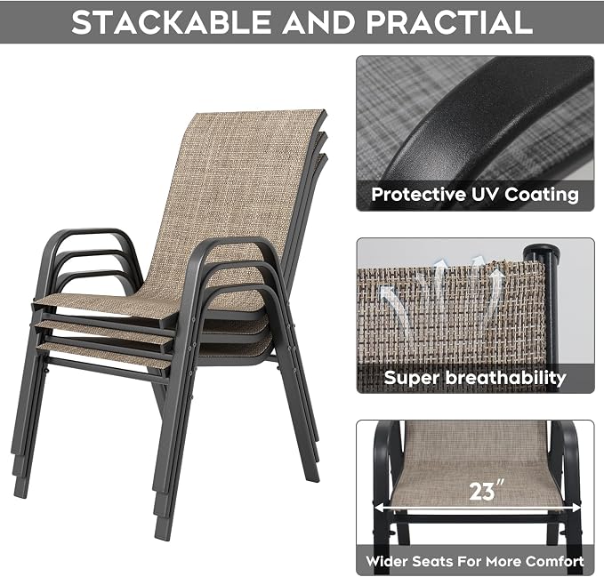 Outdoor Dining Set for 4,5pcs Patio Table and Chairs Set with Adjustable Umbrella Hole,37.8”x37.8” Square Metal Outdoor Table and Stackable Patio Chair for Yard, Garden, Porch