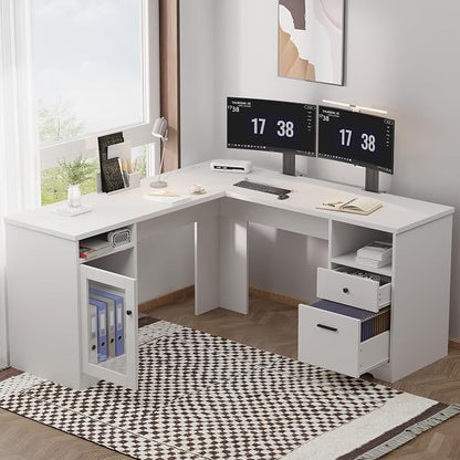 MU L Shaped Desk with File Cabinet, Corner Computer Desk with Storage Drawers, Large Home Office Table with Power Outlets, 60 Inch (White)