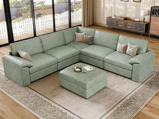 EASE MOOSE Oversized Modular Sectional Couch with Ottoman, Vintage Faux Leather Sectional Sofa with Deep Seat, Scratch Resistant Faux Leather Material, Extra Large L Shaped Couch,Deep Green