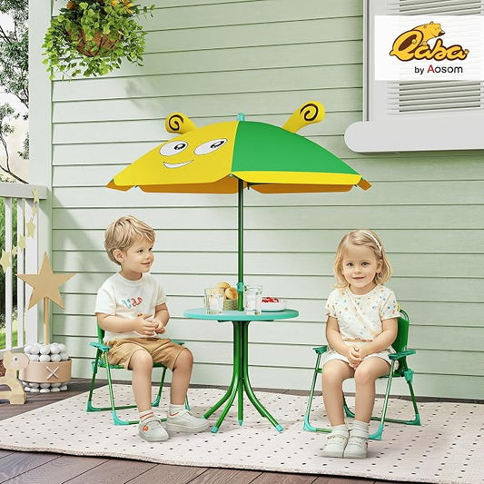 Qaba Kids Picnic Table and Chair Set, Outdoor Activity Table with Foldable Chairs, Removable Umbrella, Bee Pattern Toddler Patio Furniture for Backyard, Garden, Green