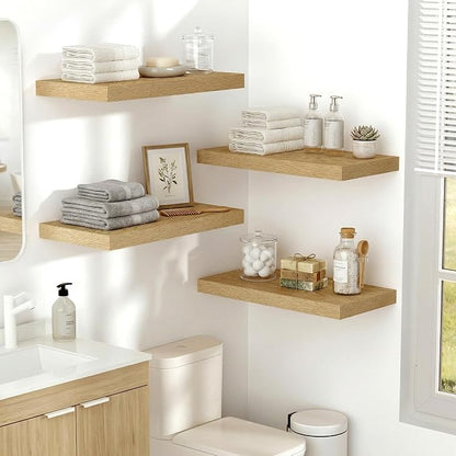 Vivelove 10" Deep Floating Shelves Over Toilet, 24" Wall Shelves for Bathroom Bedroom Kitchen Living Room Laundry Room, Modern Rustic Shelves for Home Decor, 24"x10.2"x1.5", Set of 2, Oak