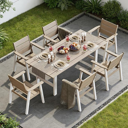 Outdoor Dining Set,7-Piece Patio Table and Chairs Set for 6, HDPE Outdoor Dining Table and Chairs with Umbrella Hole, All-Weather Patio Dining Furniture Set,White Brown