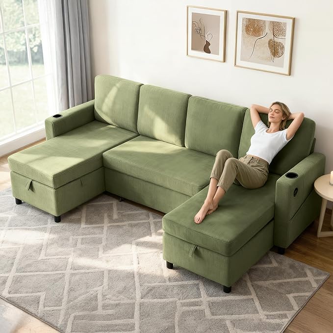 KISLOT 110 Inch Sectional Sleeper Sofa with Pull Out Bed Convertible Plush 2 in 1 Couch with Storage Chaise & USB Charging Comfy L Shaped Modular Couches for Living Room Apartment(3 Box)