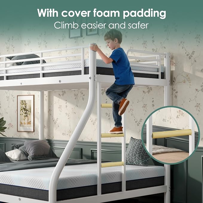 Bunk Beds Twin XL Over Full Size with 6" Mattresses Included, All-in-One Bunk Bed for Kids/Adults, Heavy Duty Sturdy Frame with Ladder Guardrail, with Memory Foam Mattresses, White