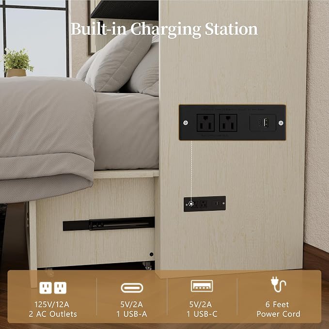 Ihanherry Queen Murphy Bed with Storage Drawer, Farmhouse Cabinet Bed with LED Lights & Charging Station, Space Saving Wall Bed for Small Bedroom/Home Office, Noise Free & Easy Assembly, Rustic White