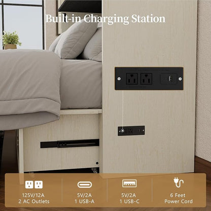 Ihanherry Queen Murphy Bed with Storage Drawer, Farmhouse Cabinet Bed with LED Lights & Charging Station, Space Saving Wall Bed for Small Bedroom/Home Office, Noise Free & Easy Assembly, Rustic White