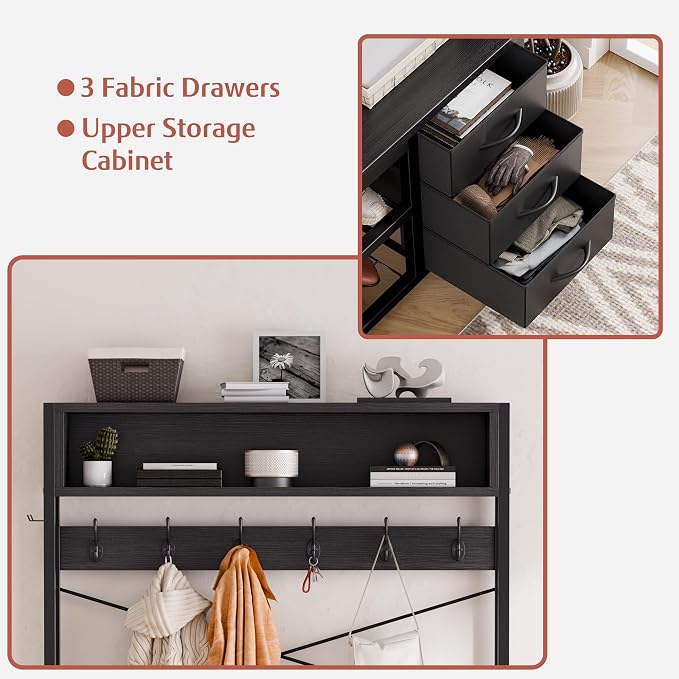 Lulive Hall Tree with 3 Drawers, Industrial Entryway 39.4" Coat Rack Shoe Bench, Freestanding Mudroom Organizer with 12 Hooks, Top Shelf Storage (Black)