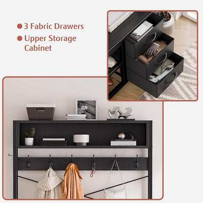 Lulive Hall Tree with 3 Drawers, Industrial Entryway 39.4" Coat Rack Shoe Bench, Freestanding Mudroom Organizer with 12 Hooks, Top Shelf Storage (Black)