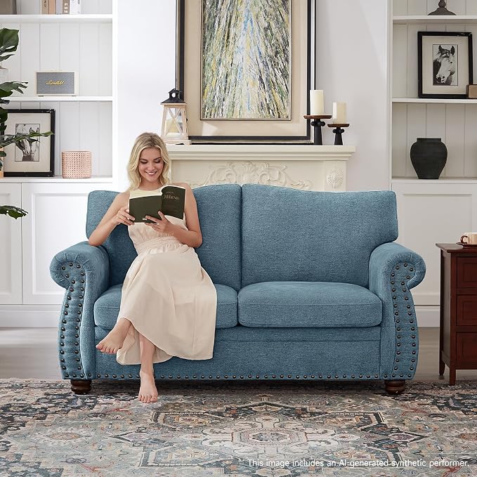 ONBRILL Nailhead Sofa, 66 Inch Small Couch with Rolled Arms, Chenille Fabric Loveseat w/Springs Seat Cushion, Vintage Curved Back, Turned Wood Legs, Comfy Couch for Living Room, Farmhouse, Teal