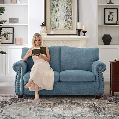 ONBRILL Nailhead Sofa, 66 Inch Small Couch with Rolled Arms, Chenille Fabric Loveseat w/Springs Seat Cushion, Vintage Curved Back, Turned Wood Legs, Comfy Couch for Living Room, Farmhouse, Teal