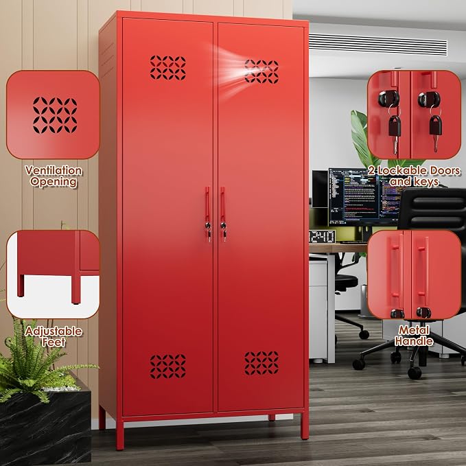 SUPEER 2 Door Red Metal Storage Locker Wardrobe Cabinet | 71 in metal wardrobe cabinet with lock, adjustable shelves, and hanging rods for home, office, garage, gym, or staff storage.
