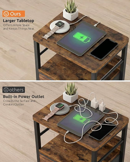 Lazzanto Nightstands Set of 2 with Charging Station, Bedside Tables with Open Shelf & Hooks, End Tables with USB-C USB-A Ports AC Outlets, Night Stand for Bedroom with Fabric Drawer, Rustic Brown