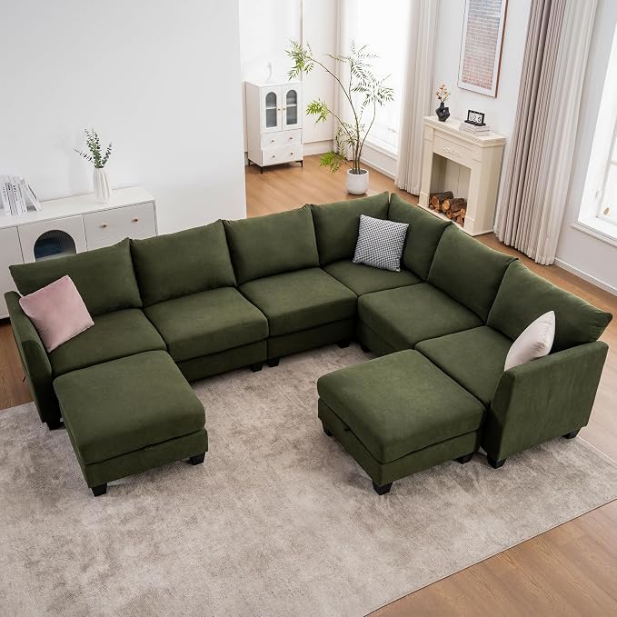 122.8" Large Sectional Couches for Living Room, 6 Seater L Shaped Modular Sectional Sofa with Two Storage Ottomans & USB, Oversized Corner Couch for Living Room（Green）