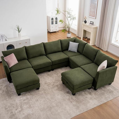 122.8" Large Sectional Couches for Living Room, 6 Seater L Shaped Modular Sectional Sofa with Two Storage Ottomans & USB, Oversized Corner Couch for Living Room（Green）
