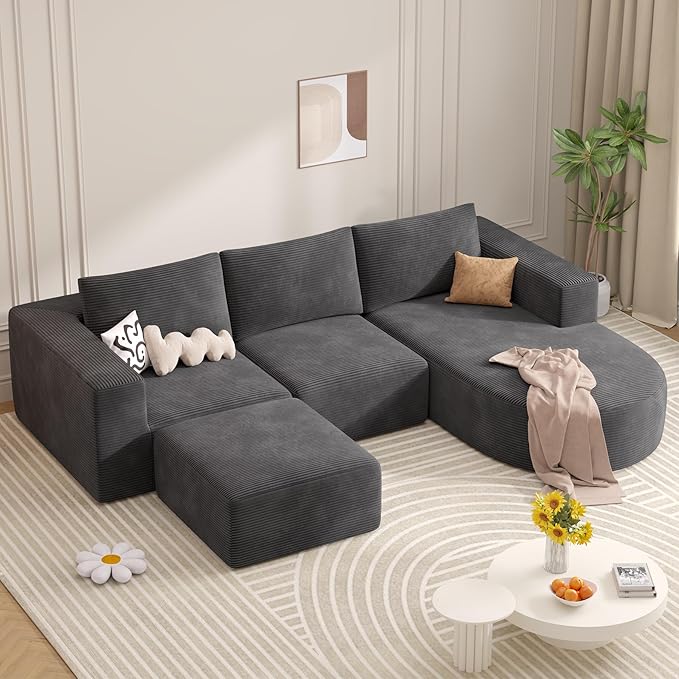 Boneless Couches for Living Room with Chaise,104" Modular Sectional Sofa with Convertible Ottoman,Cozy Cloud Couch with U-Shaped,Sponge Compression Sofas in a Box,No Assembly Required(Gray) 1pcs