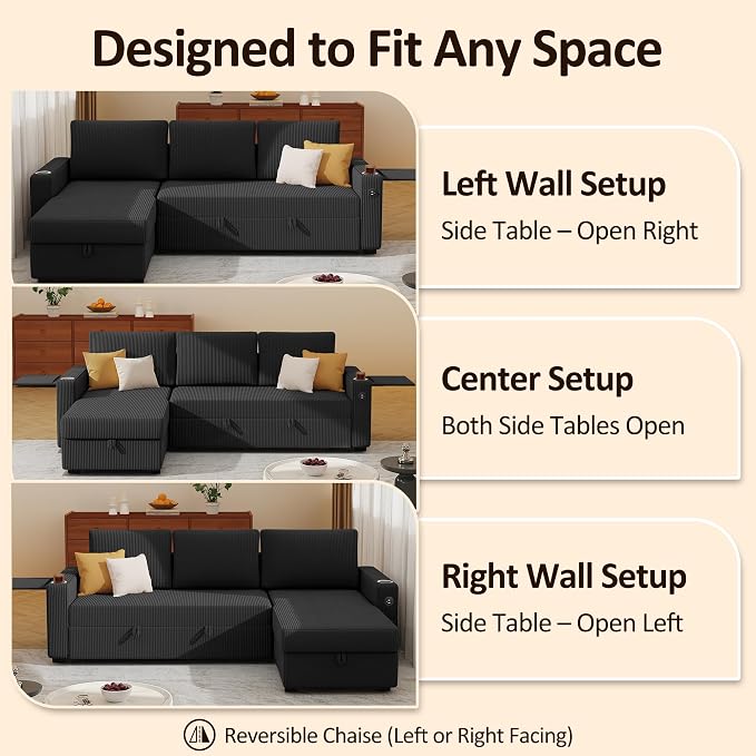 Ball & Cast 80" Sectional Sleeper Sofa Bed Pull Out Couches for Living Room | L Shaped Convertible Pull Out Sofa Bed with Storage Chaise, Foldable Table, USB Port, Cup Holder, Side Pocket for Small Space