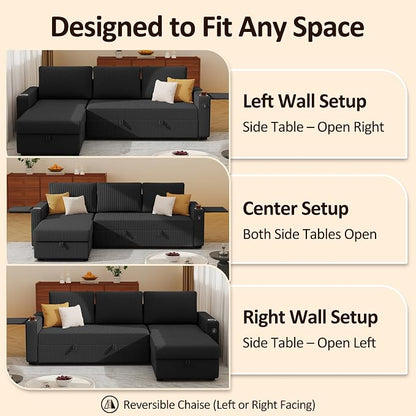 Ball & Cast 80" Sectional Sleeper Sofa Bed Pull Out Couches for Living Room | L Shaped Convertible Pull Out Sofa Bed with Storage Chaise, Foldable Table, USB Port, Cup Holder, Side Pocket for Small Space