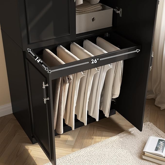 MEISSALIVVE Armoire Wardrobe Closet with 4 Door, 74.8" Large Wardrobe Cabinet with Hanging Rod, Freestanding Modern Bedroom Armoire Storage Cabinet, Black