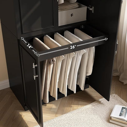 MEISSALIVVE Armoire Wardrobe Closet with 4 Door, 74.8" Large Wardrobe Cabinet with Hanging Rod, Freestanding Modern Bedroom Armoire Storage Cabinet, Black