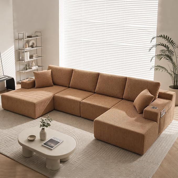 130" U-Shaped Modular Sectional Sofa with Chaise, Boneless Corduroy Flexible Module Seating for Living Room, Cloud Couch with Cup Holders and Side Pockets, No Assembly (Brown)